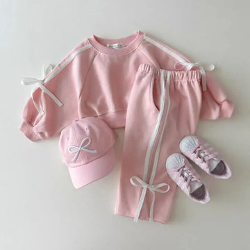長袖セットアップ Pink / 80cm 9-12M ベビーキッズセットアップ 2点セット リボンサイドライン長袖スウェットシャツ+スウェットパンツ 2カラー【mh0007353】