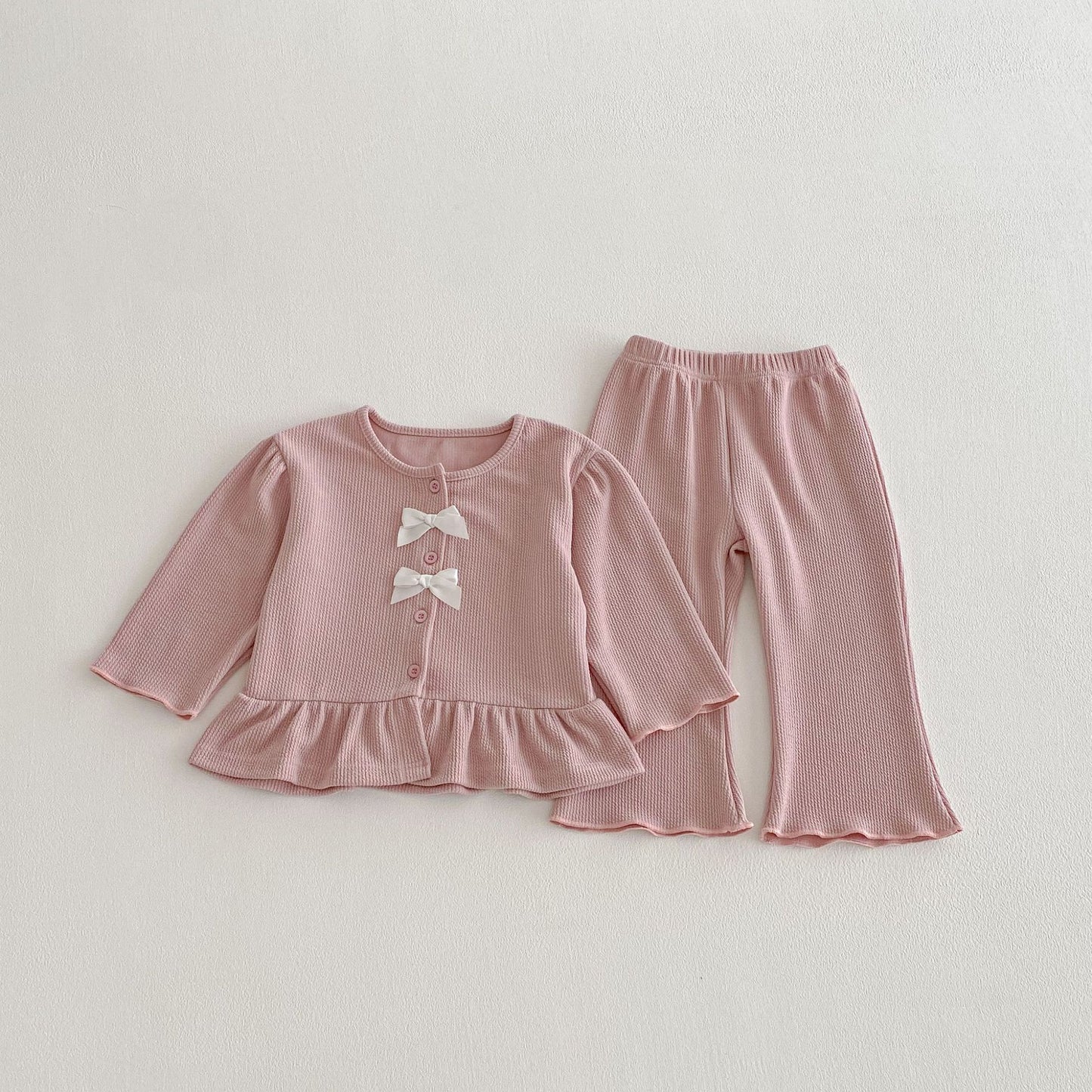 長袖セットアップ Pink / 80cm Bow Cardigan Long Sleeve Top Set リボン カーディガン セットアップ【mh0011965】