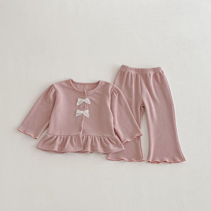 長袖セットアップ Pink / 80cm Bow Cardigan Long Sleeve Top Set リボン カーディガン セットアップ【mh0011965】