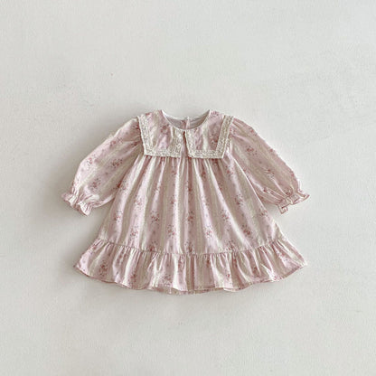 長袖ワンピース Pink / 80cm Floral Lapel Print Princess Dress 襟付き 花柄 プリント ワンピース【mh0011963】