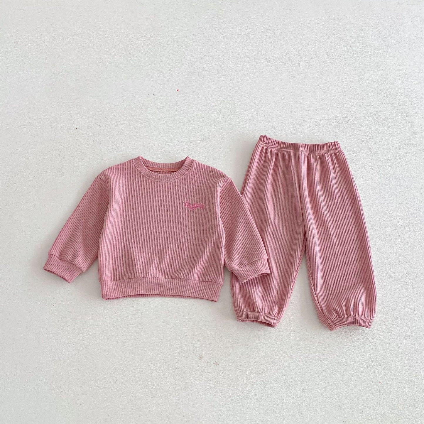 長袖セットアップ Pink / 80cm Letter Embroidery Waffle Set ワッフル 刺繍 セットアップ【mh0011966】