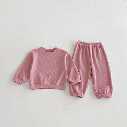 長袖セットアップ Pink / 80cm Letter Embroidery Waffle Set ワッフル 刺繍 セットアップ【mh0011966】