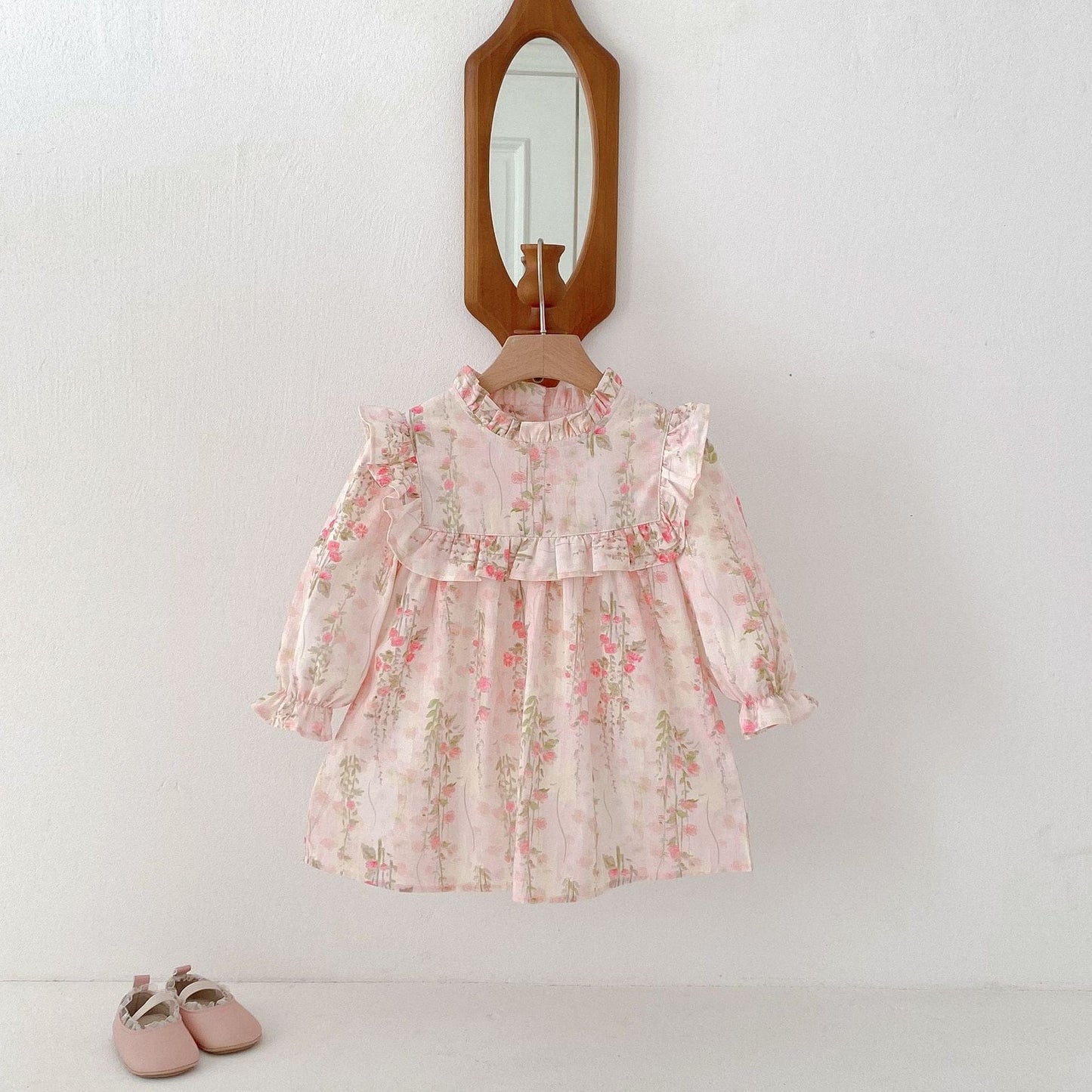 長袖ワンピース Pink / 80cm フラワープリントフリル長袖ドレスワンピース【mh0009237】