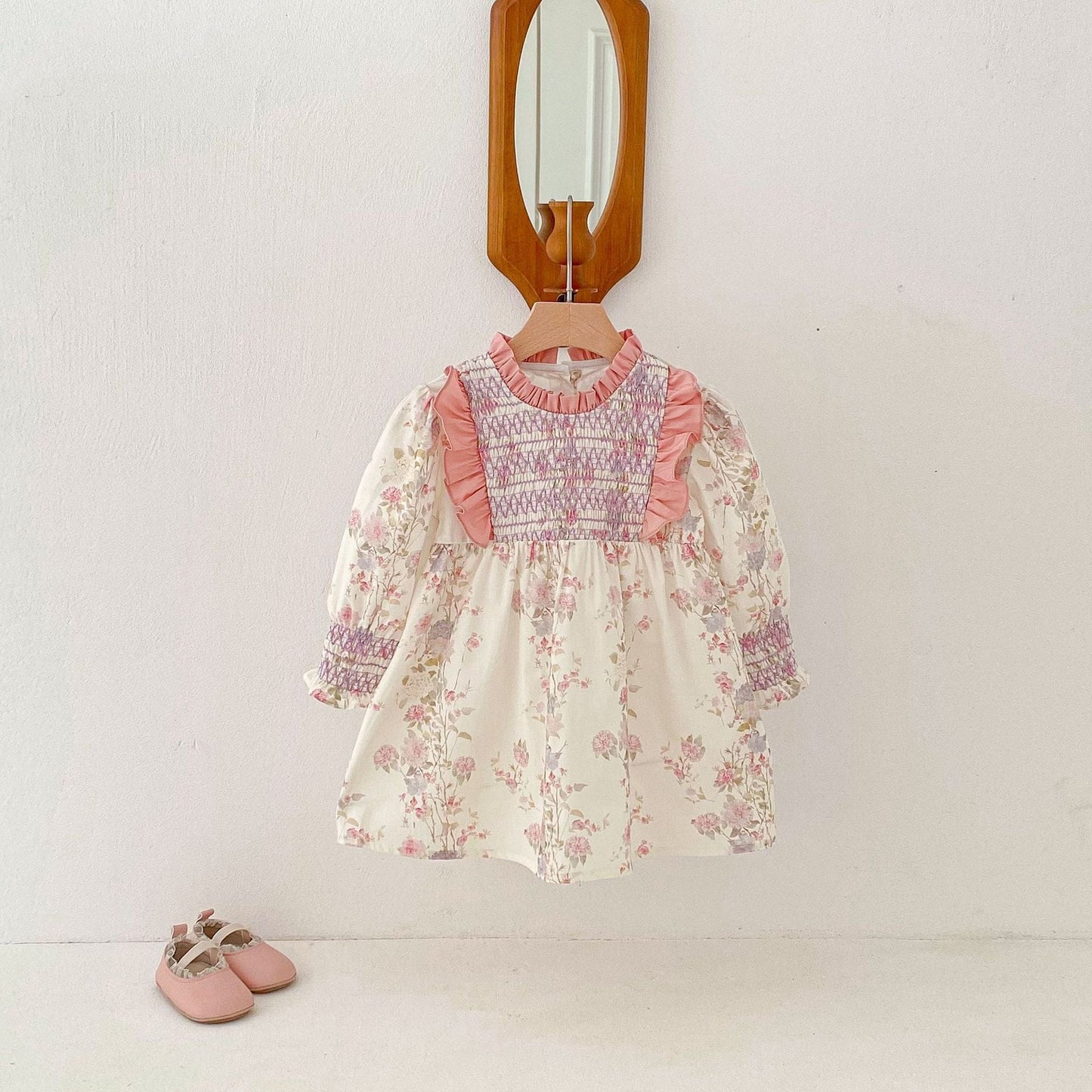 長袖ワンピース Pink / 80cm シャーリングフリルフラワープリント長袖ワンピース【mh0009240】