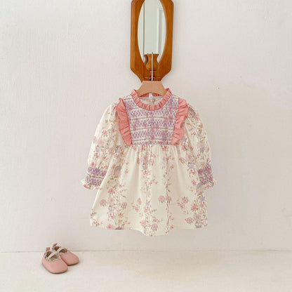 長袖ワンピース Pink / 80cm シャーリングフリルフラワープリント長袖ワンピース【mh0009240】