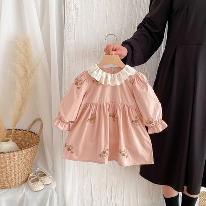 長袖ワンピース Pink / 80cm フラワー刺繍フリルカラー長袖ワンピース【mh0009257】