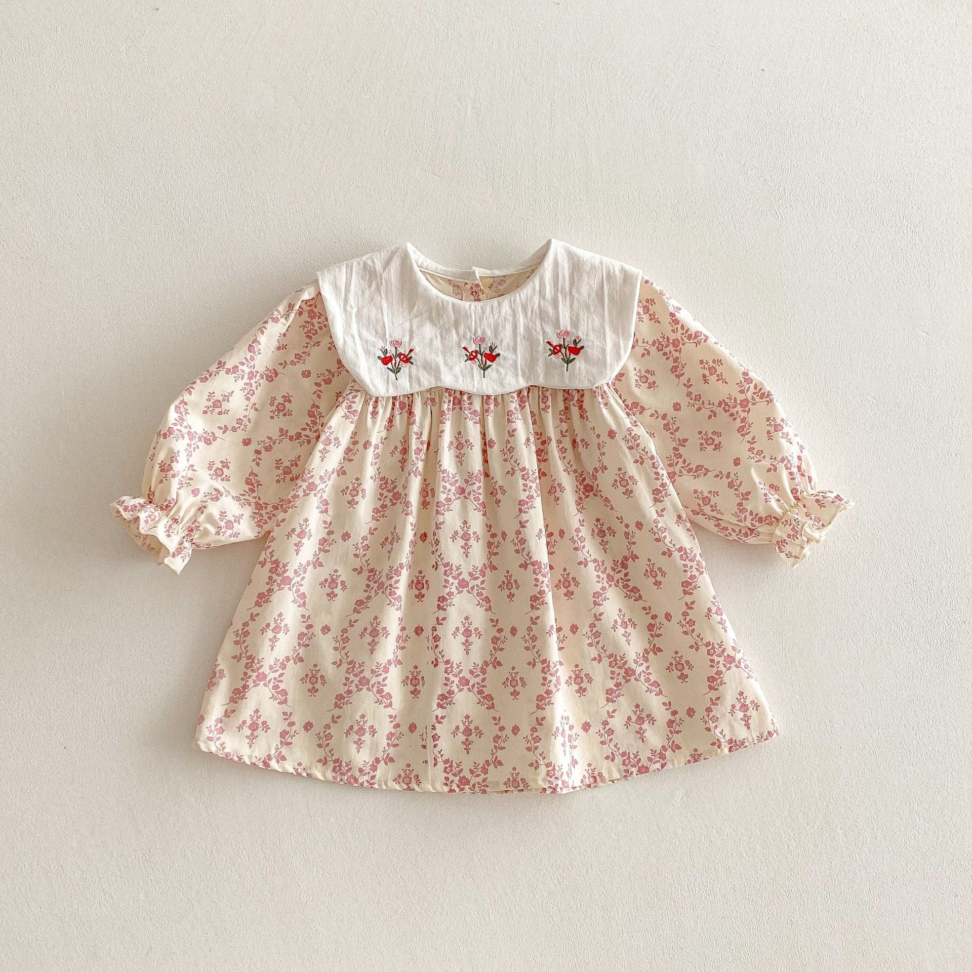 長袖ワンピース Pink / 80cm フラワー刺繍ビッグ襟長袖ワンピース【mh0010646】