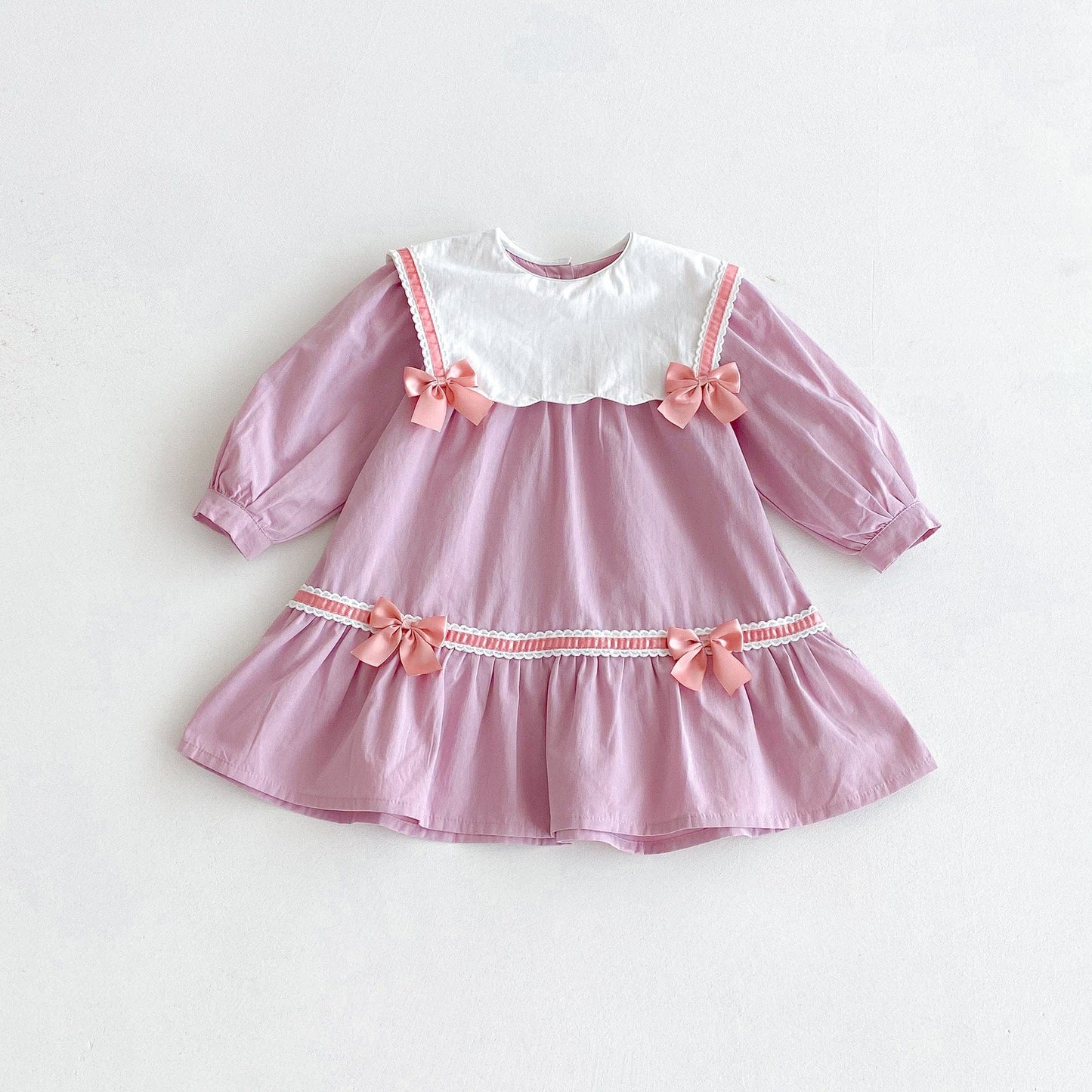 長袖ワンピース Pink / 80cm リボンアクセントビッグ襟長袖ワンピース【mh0010651】