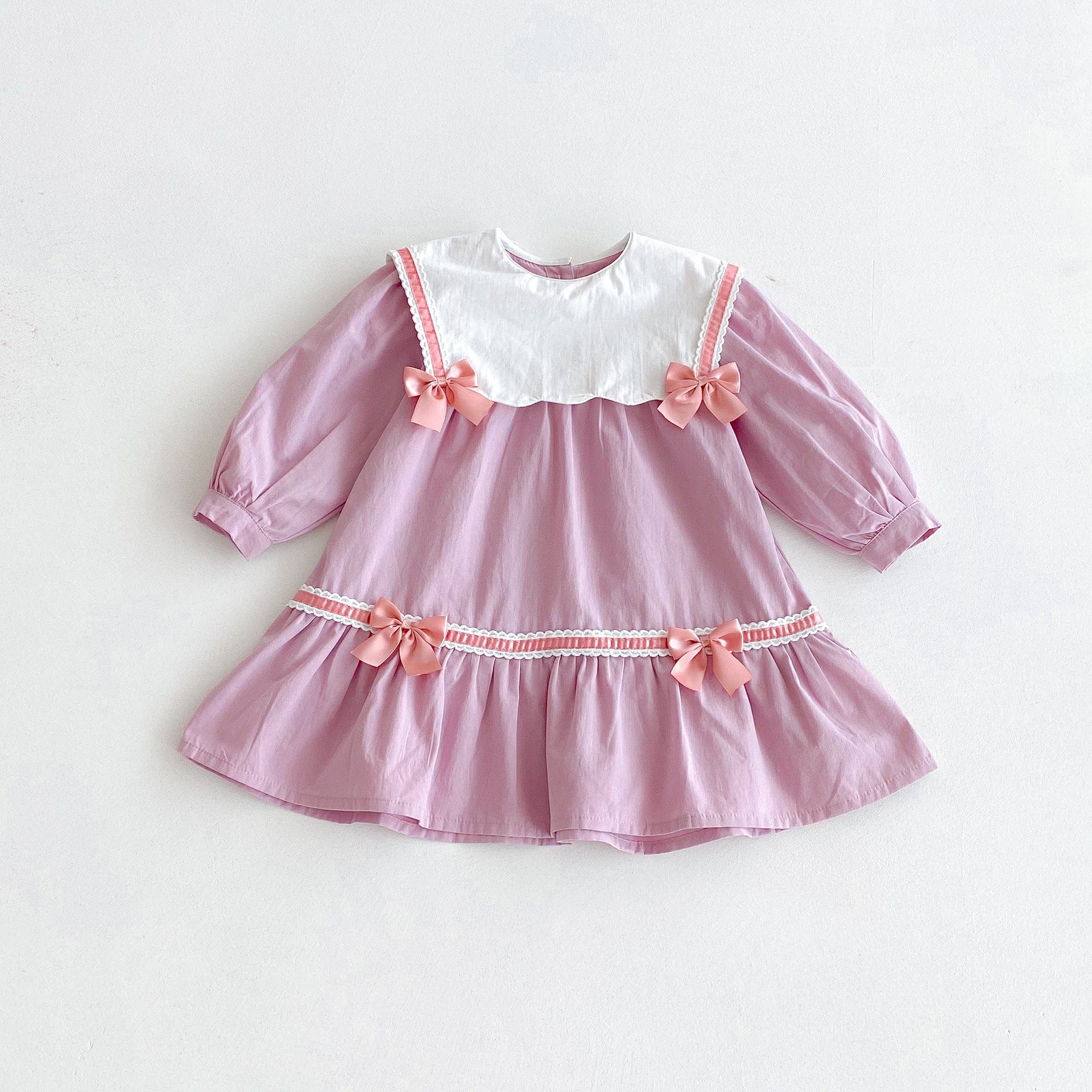 長袖ワンピース Pink / 80cm リボンアクセントビッグ襟長袖ワンピース【mh0010651】