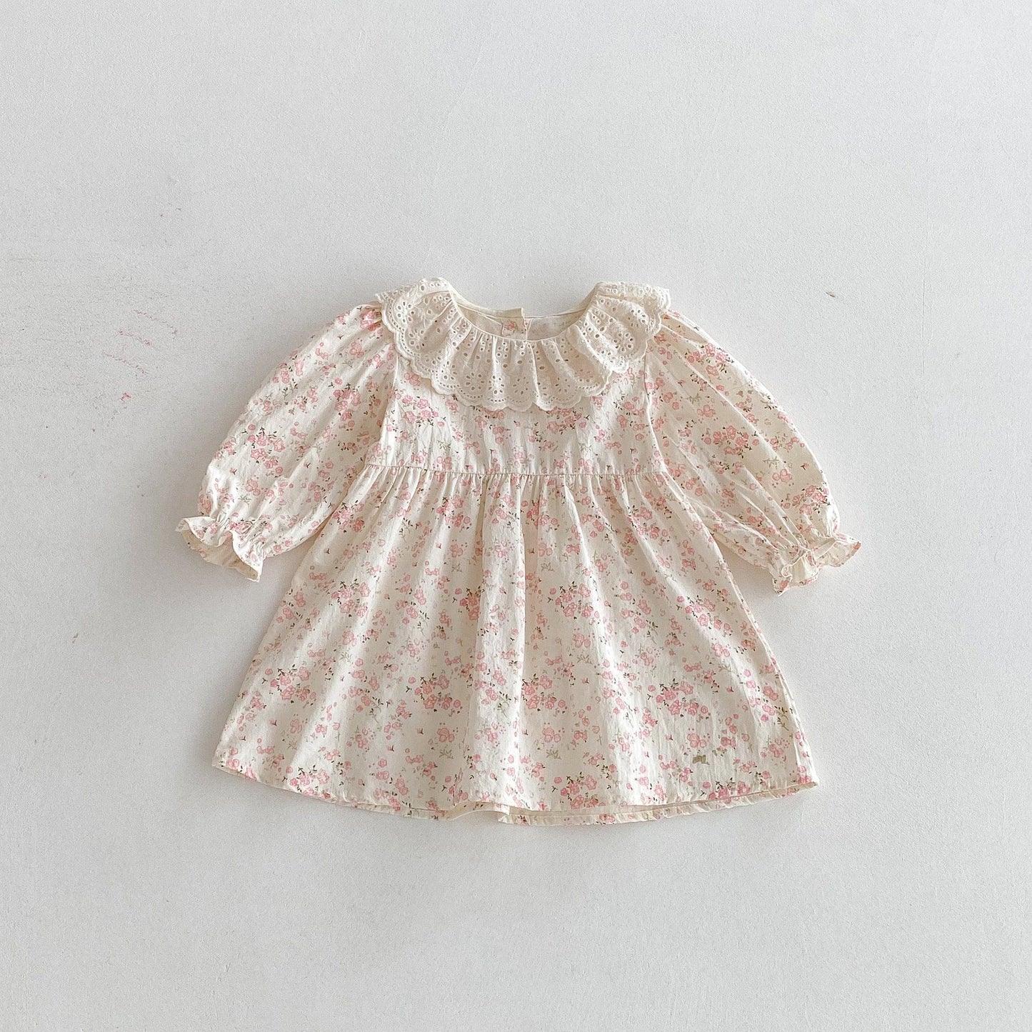 長袖ワンピース Pink / 80cm レースラッフル襟フラワープリント長袖ワンピース【mh0010664】