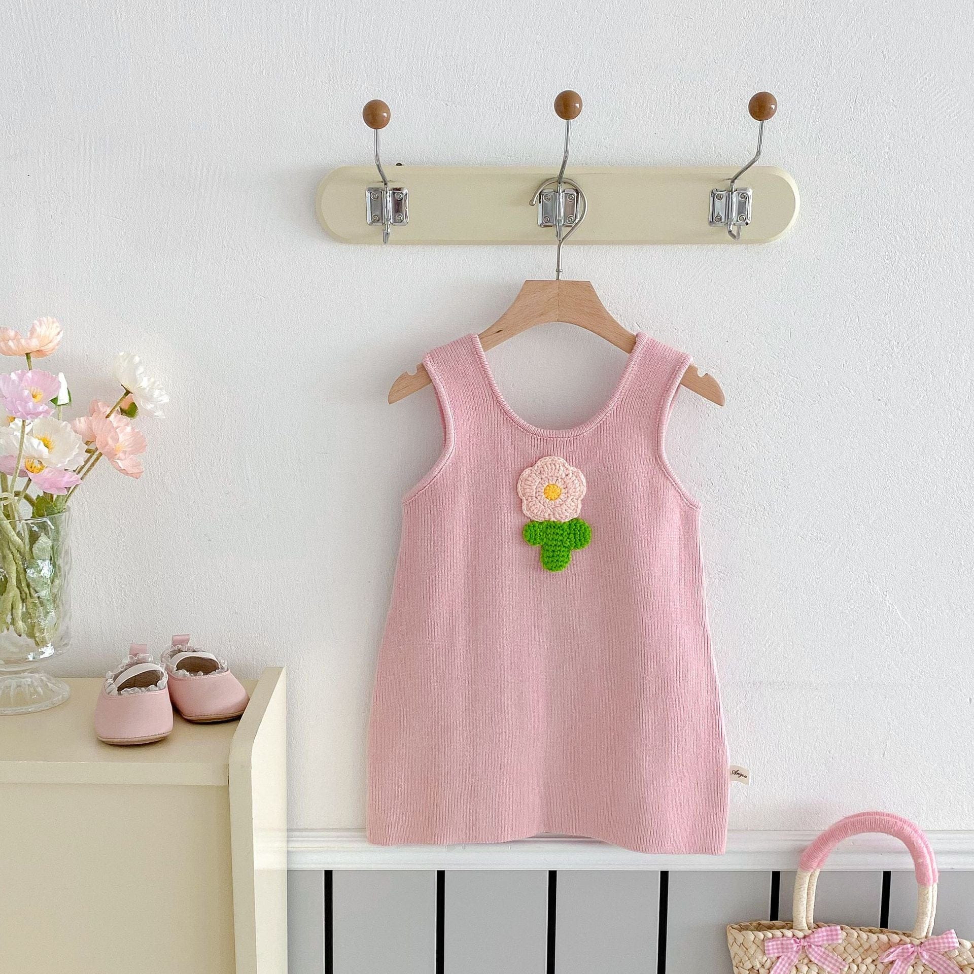 ノースリーブワンピース Pink / 80cm フラワーアップリケノースリーブニットワンピース【mh0010674】
