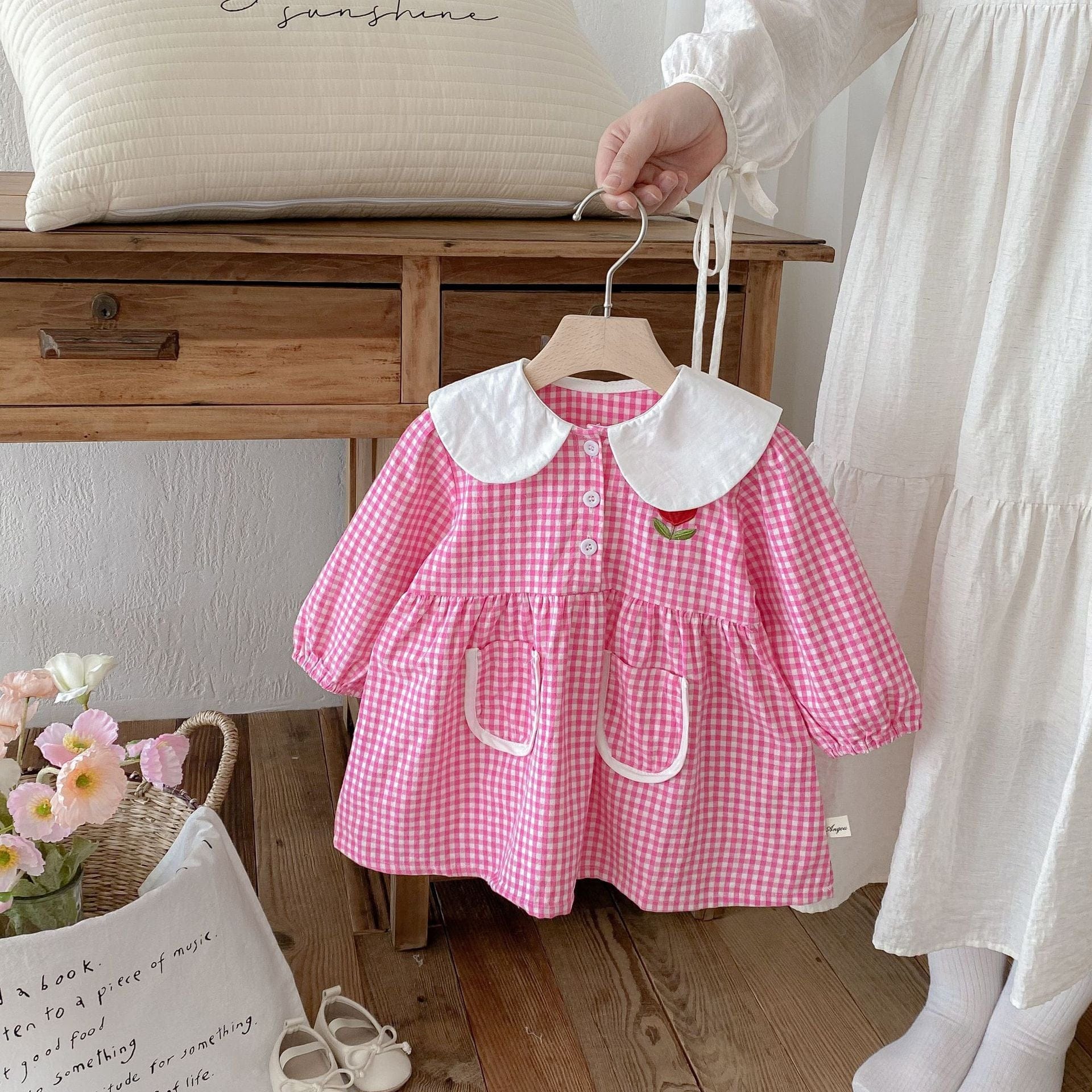 長袖ワンピース Pink / 80cm ギンガムチェック丸襟長袖ワンピース【mh0010675】