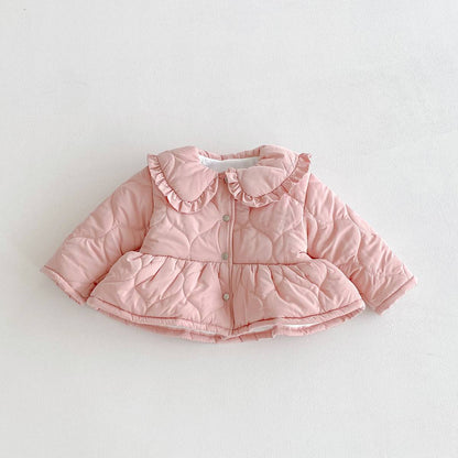 ショートコート・ジャケット・ジャンパー Pink / 80cm 長袖ジャケット 中綿キルティング フリル襟 ペプラムデザイン アウター あったか【mh0011376】