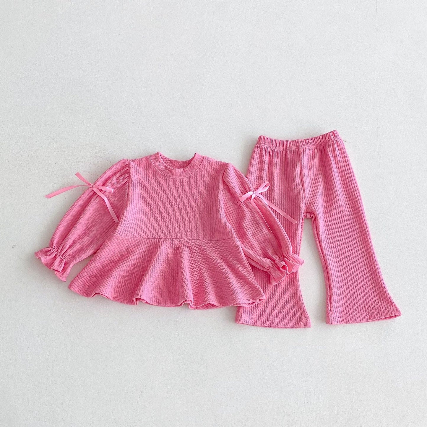 長袖セットアップ Pink / 80cm リボンフリル長袖チュニックTシャツ+フレアパンツセットアップ 2点セット【mh0010658】