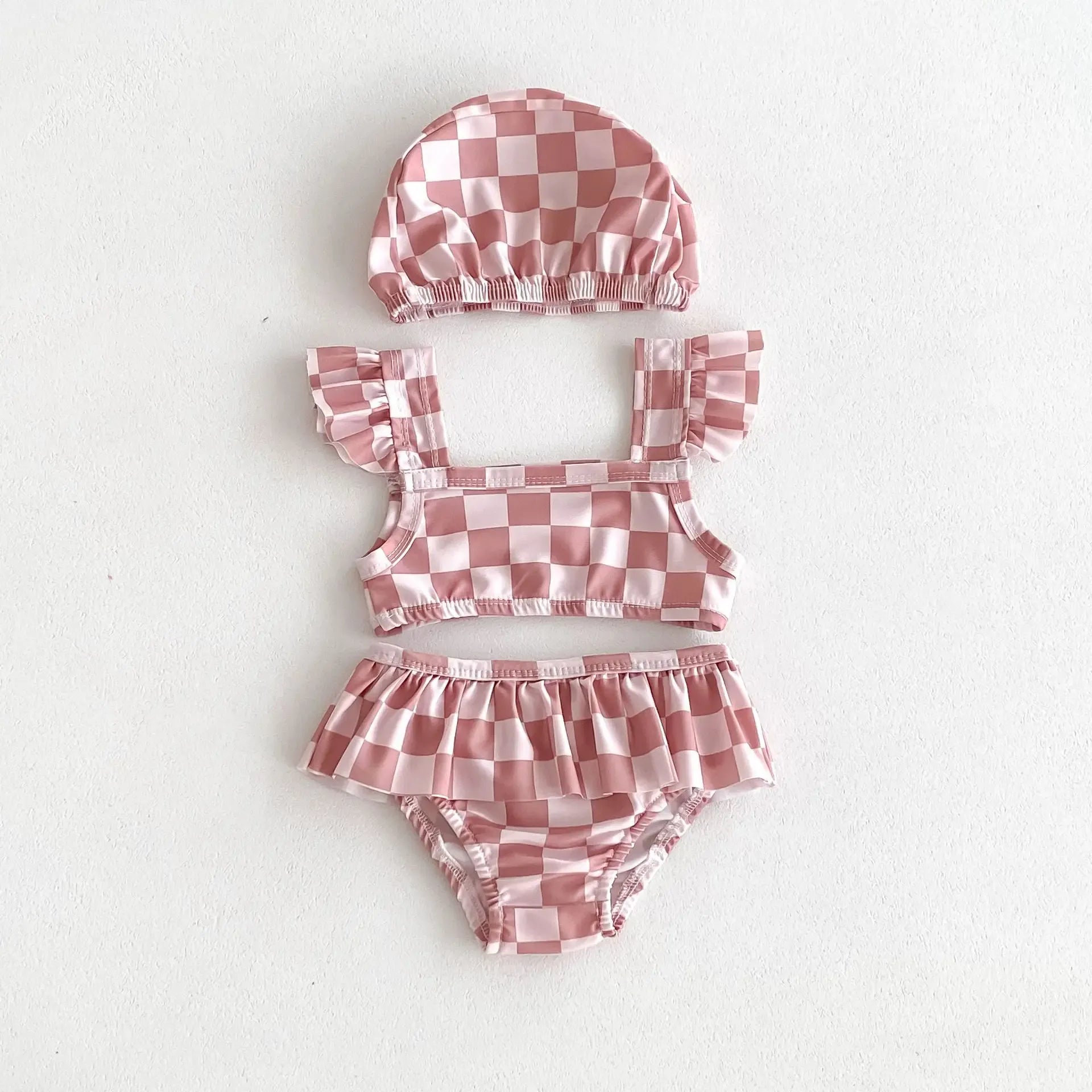 ベビー用水着 Plaid / 66cm ベビー水着 帽子セット セパレート ビキニ ダイヤチェック フラワー花柄プリント スイムウェア【mh0005111】