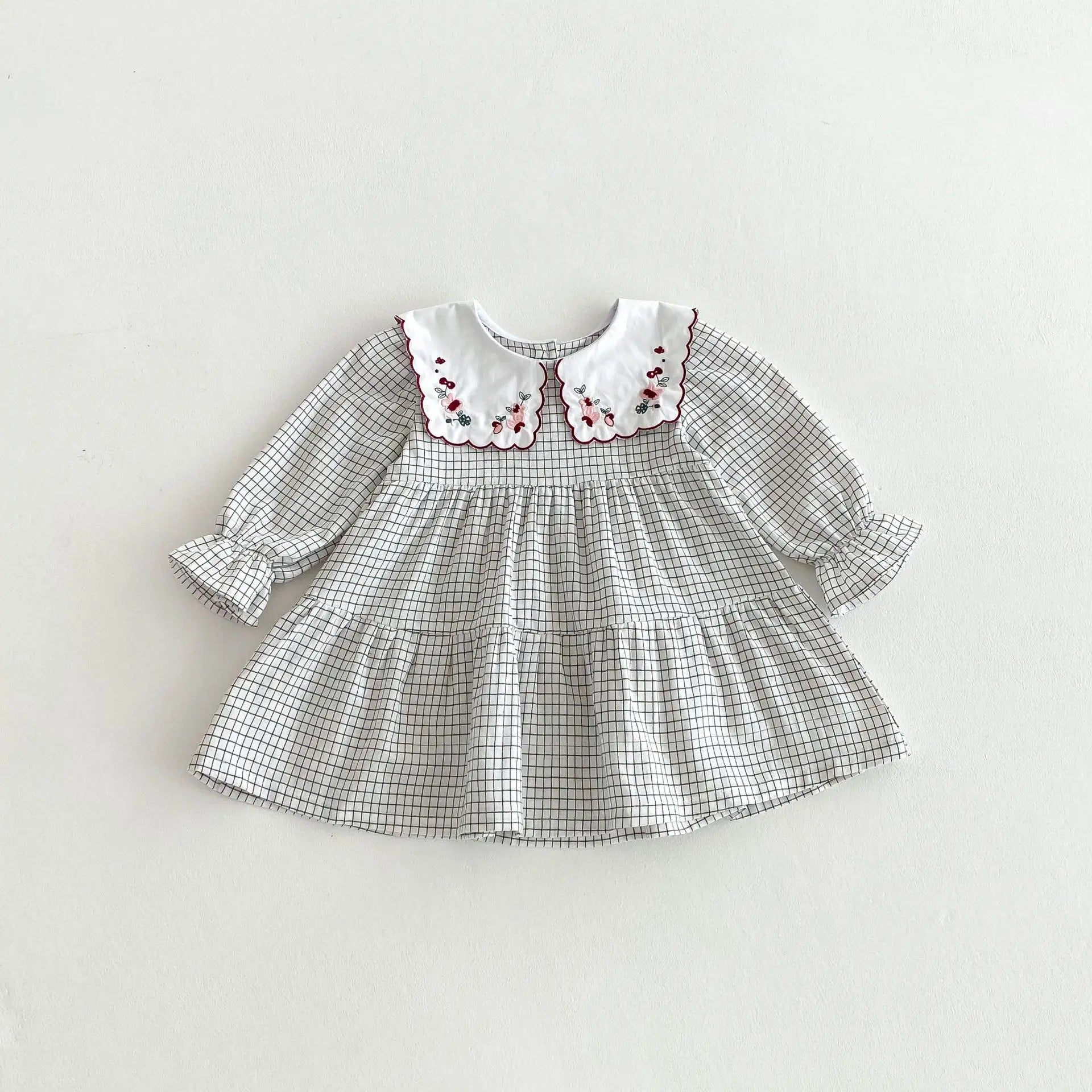 長袖ワンピース Plaid / 80cm 12M キッズワンピース フラワー刺繍ビッグ襟チェック長袖ワンピース【mh0008806】