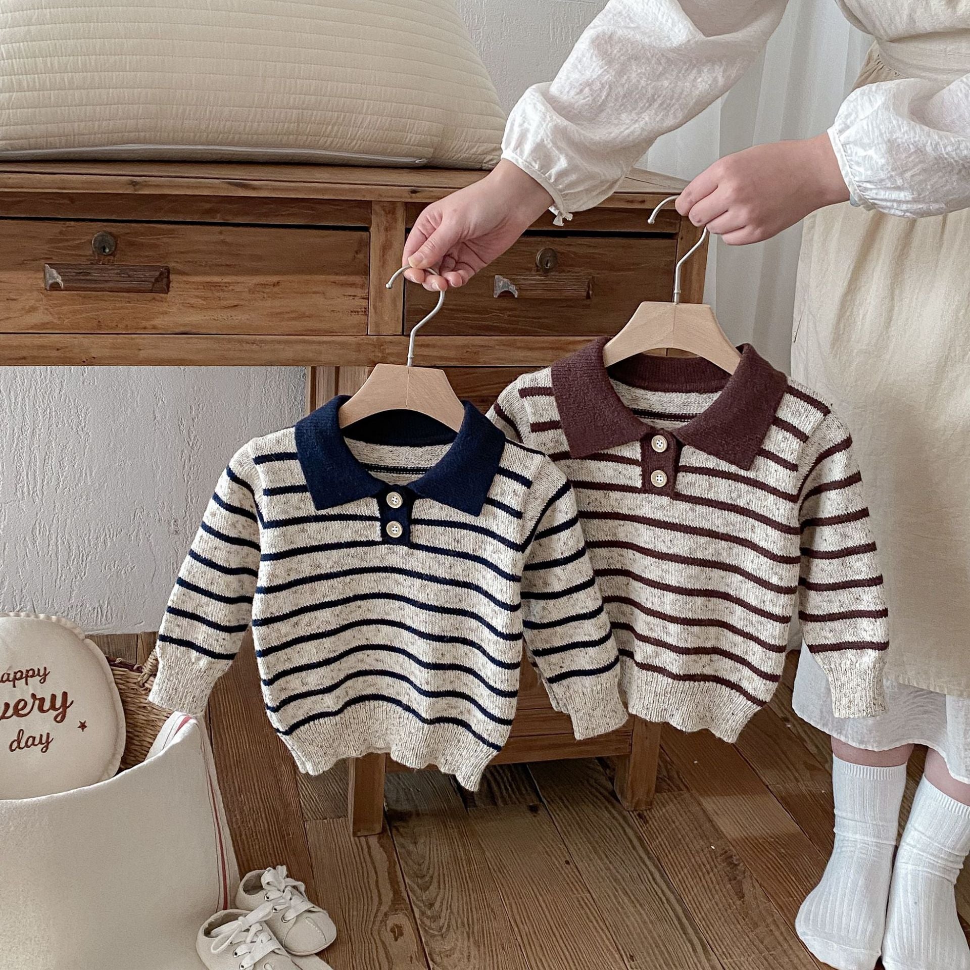 長袖シャツ・ブラウス Polo Collar Striped Knitted Sweater ポロカラー ストライプ セーター【mh0011967】