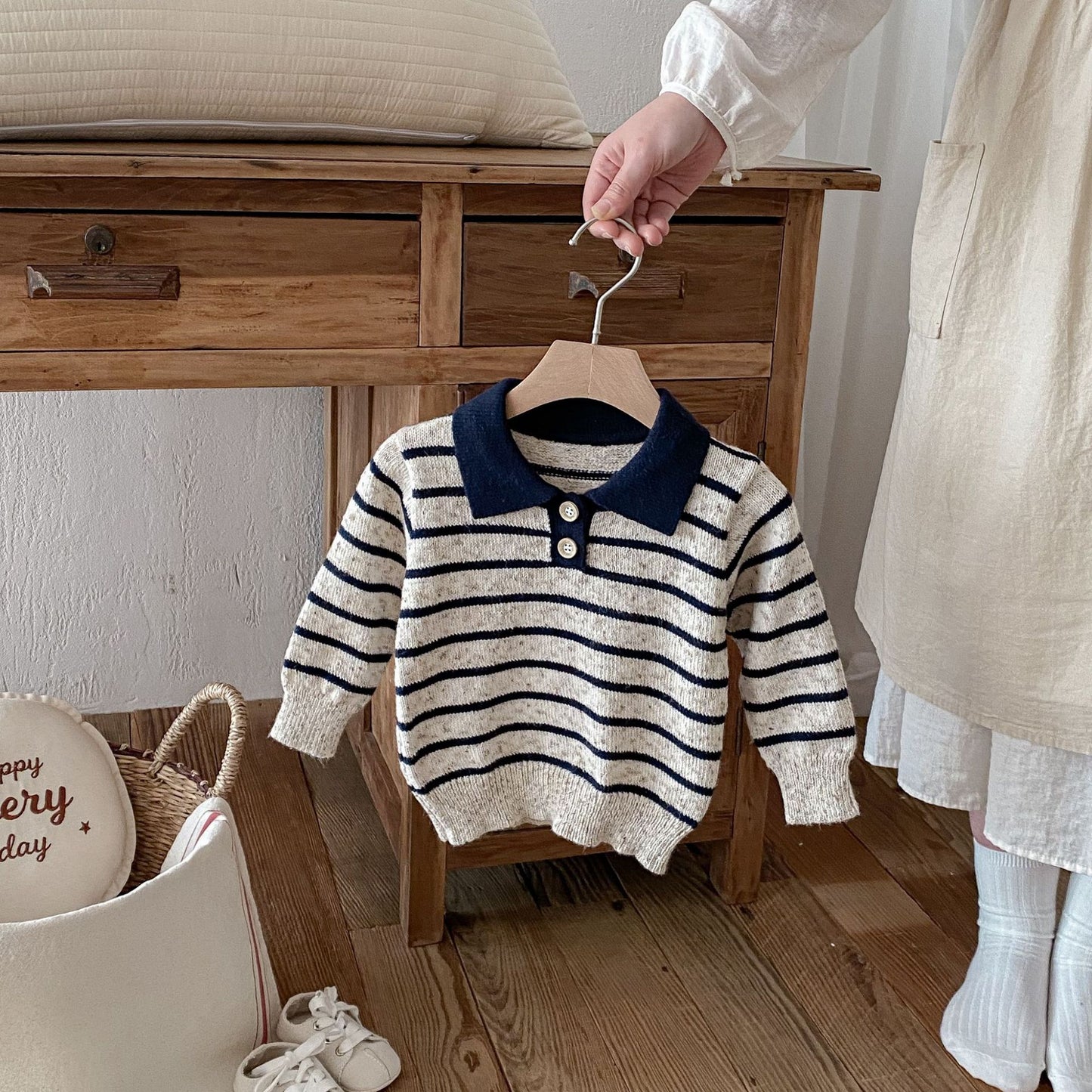 長袖シャツ・ブラウス Polo Collar Striped Knitted Sweater ポロカラー ストライプ セーター【mh0011967】