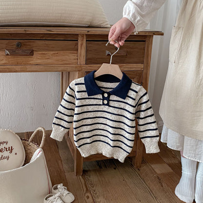 長袖シャツ・ブラウス Polo Collar Striped Knitted Sweater ポロカラー ストライプ セーター【mh0011967】