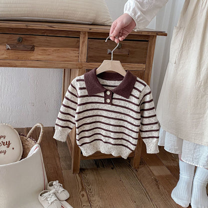 長袖シャツ・ブラウス Polo Collar Striped Knitted Sweater ポロカラー ストライプ セーター【mh0011967】