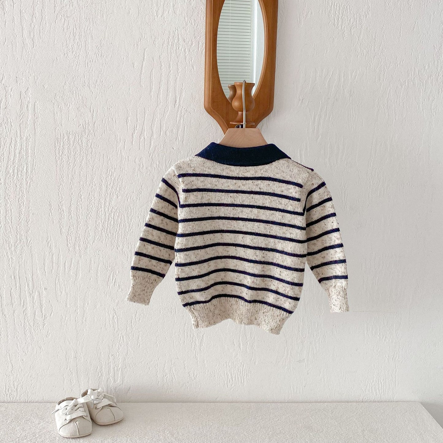 長袖シャツ・ブラウス Polo Collar Striped Knitted Sweater ポロカラー ストライプ セーター【mh0011967】