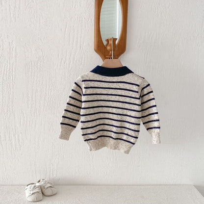 長袖シャツ・ブラウス Polo Collar Striped Knitted Sweater ポロカラー ストライプ セーター【mh0011967】