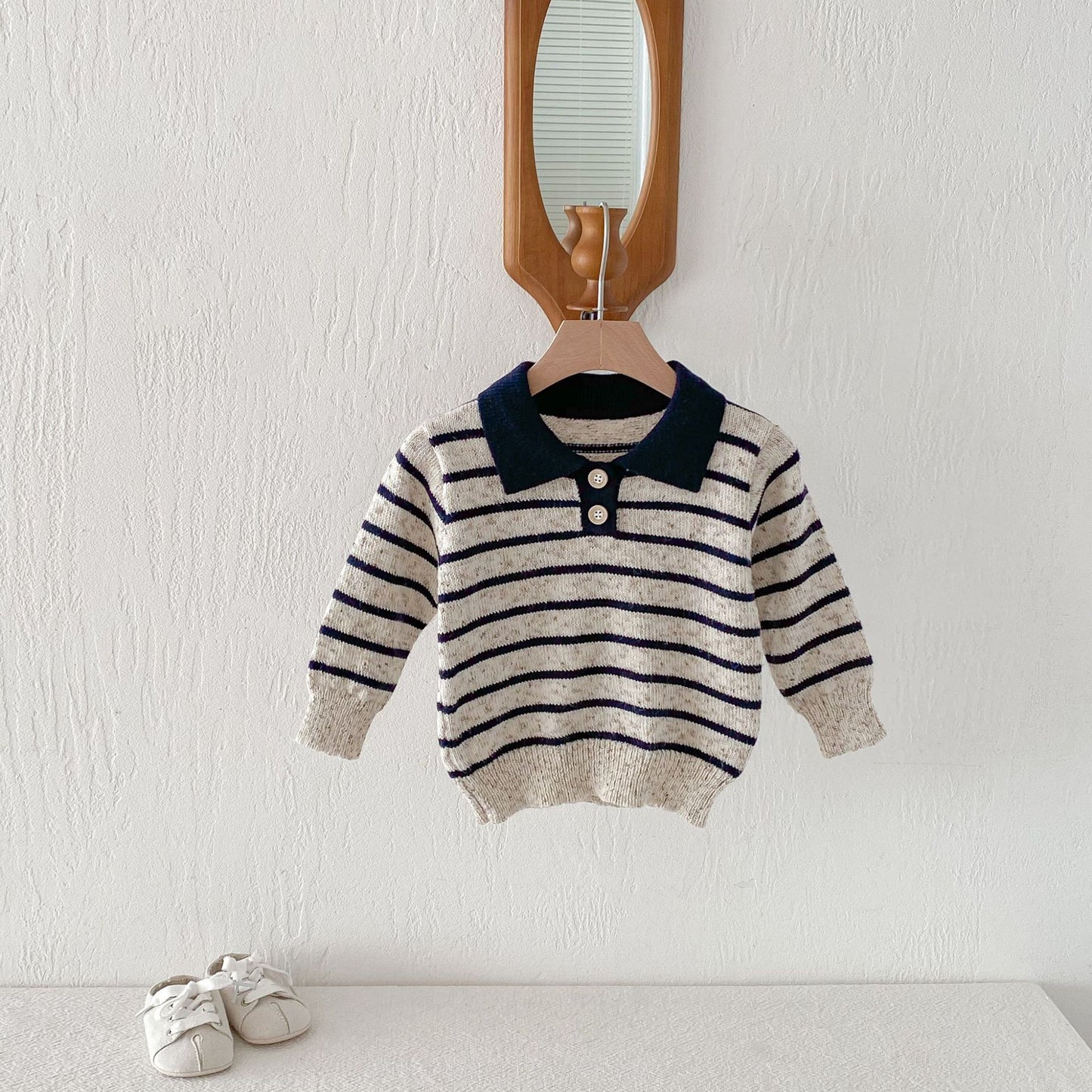 長袖シャツ・ブラウス Polo Collar Striped Knitted Sweater ポロカラー ストライプ セーター【mh0011967】