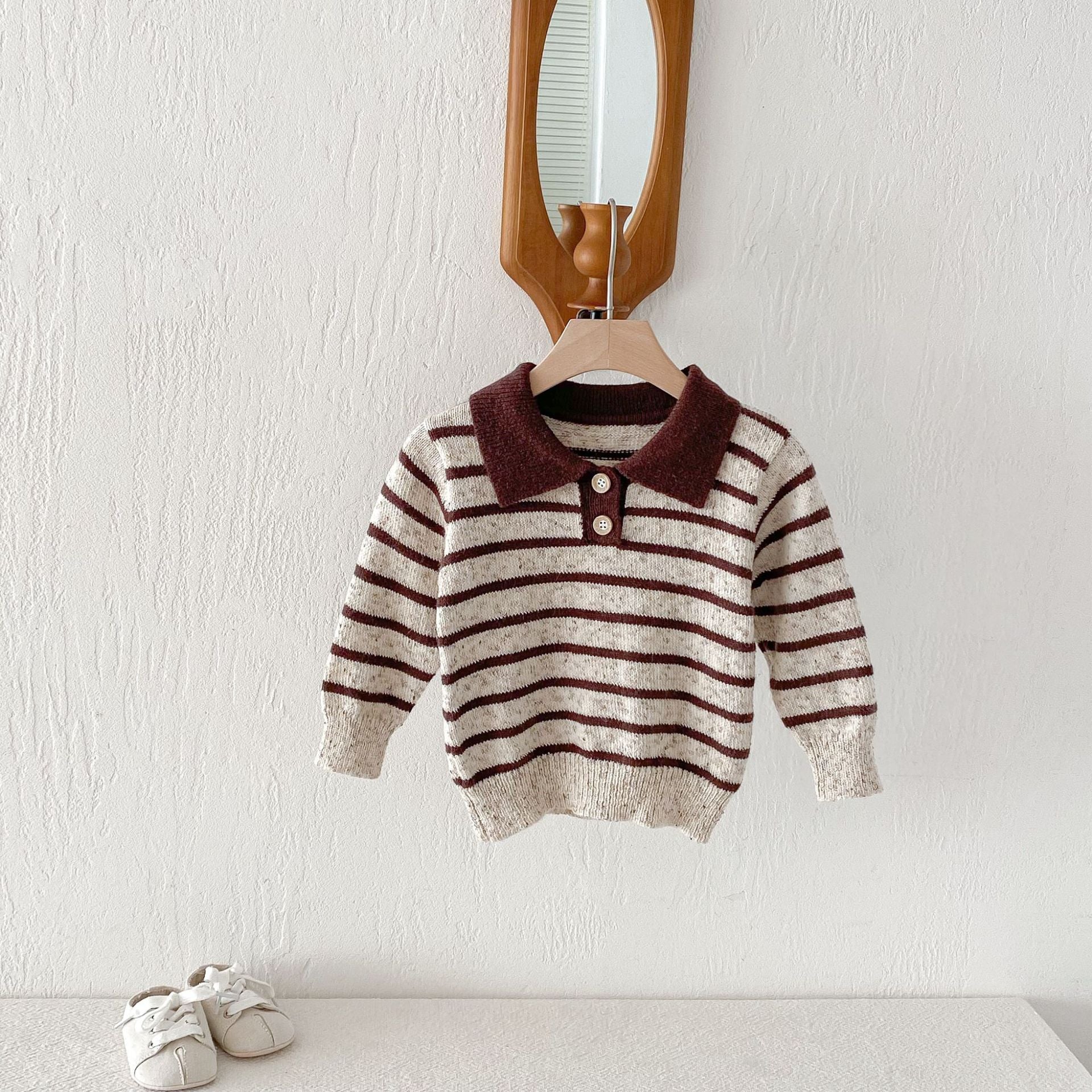 長袖シャツ・ブラウス Polo Collar Striped Knitted Sweater ポロカラー ストライプ セーター【mh0011967】