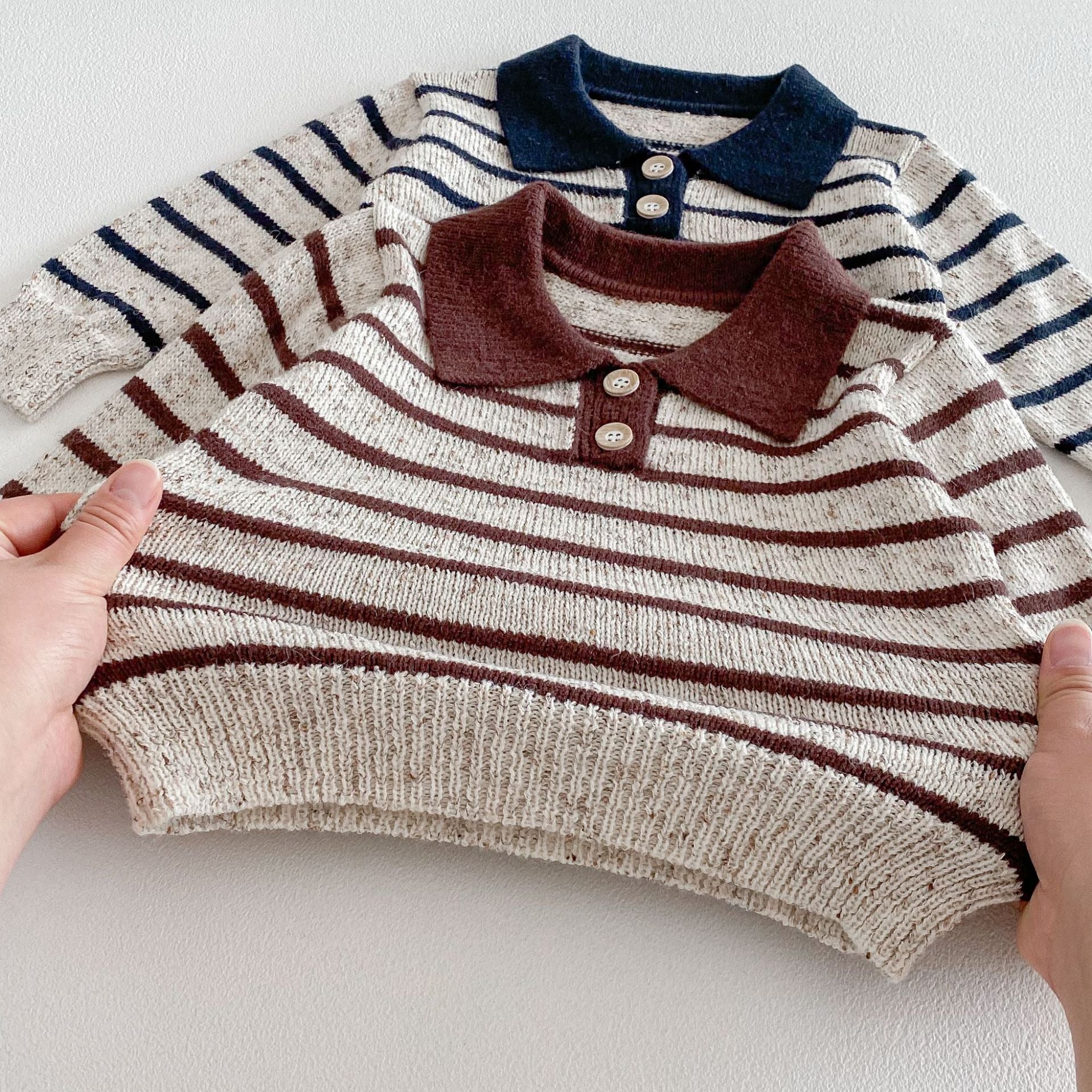 長袖シャツ・ブラウス Polo Collar Striped Knitted Sweater ポロカラー ストライプ セーター【mh0011967】