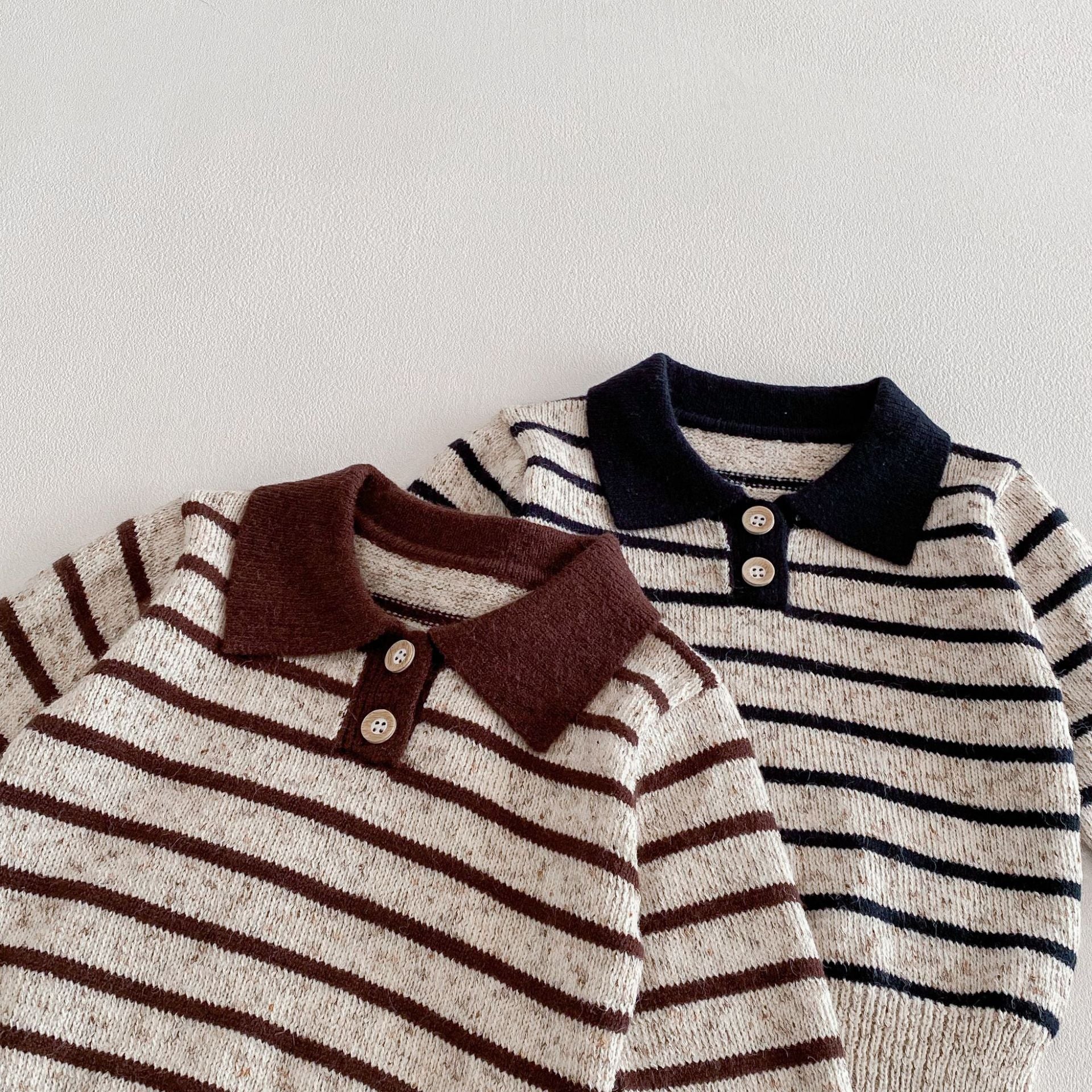 長袖シャツ・ブラウス Polo Collar Striped Knitted Sweater ポロカラー ストライプ セーター【mh0011967】