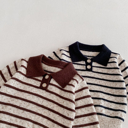 長袖シャツ・ブラウス Polo Collar Striped Knitted Sweater ポロカラー ストライプ セーター【mh0011967】