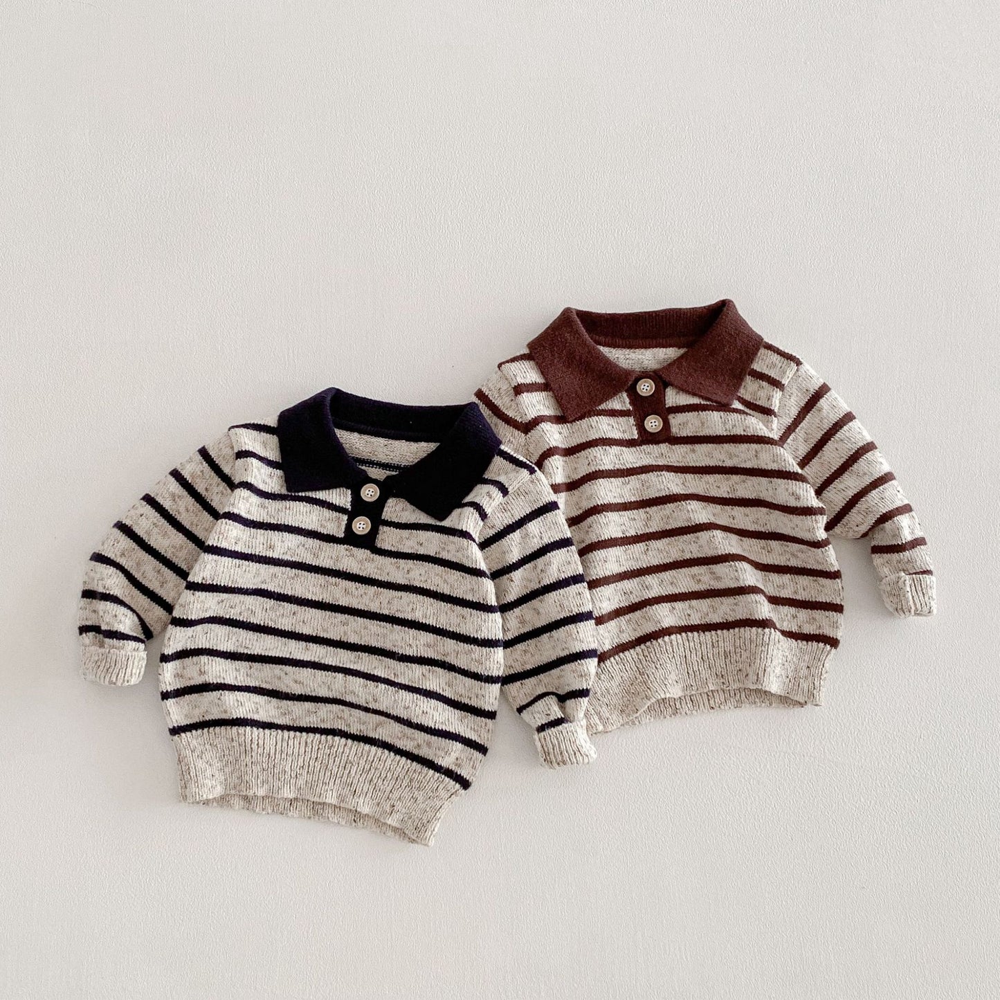 長袖シャツ・ブラウス Polo Collar Striped Knitted Sweater ポロカラー ストライプ セーター【mh0011967】