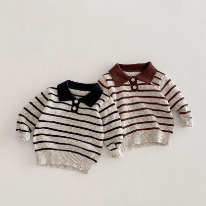 長袖シャツ・ブラウス Polo Collar Striped Knitted Sweater ポロカラー ストライプ セーター【mh0011967】