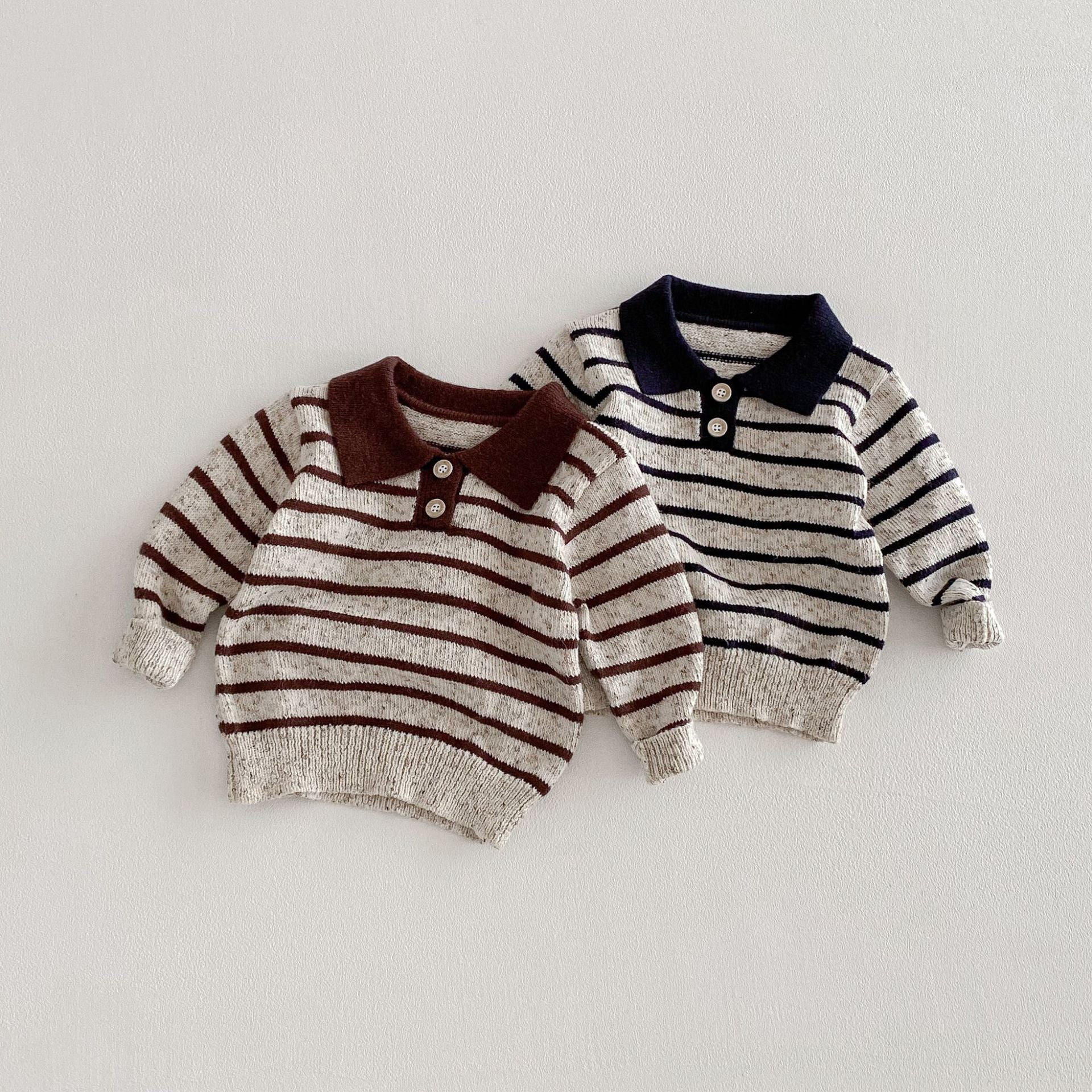 長袖シャツ・ブラウス Polo Collar Striped Knitted Sweater ポロカラー ストライプ セーター【mh0011967】