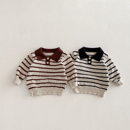 長袖シャツ・ブラウス Polo Collar Striped Knitted Sweater ポロカラー ストライプ セーター【mh0011967】