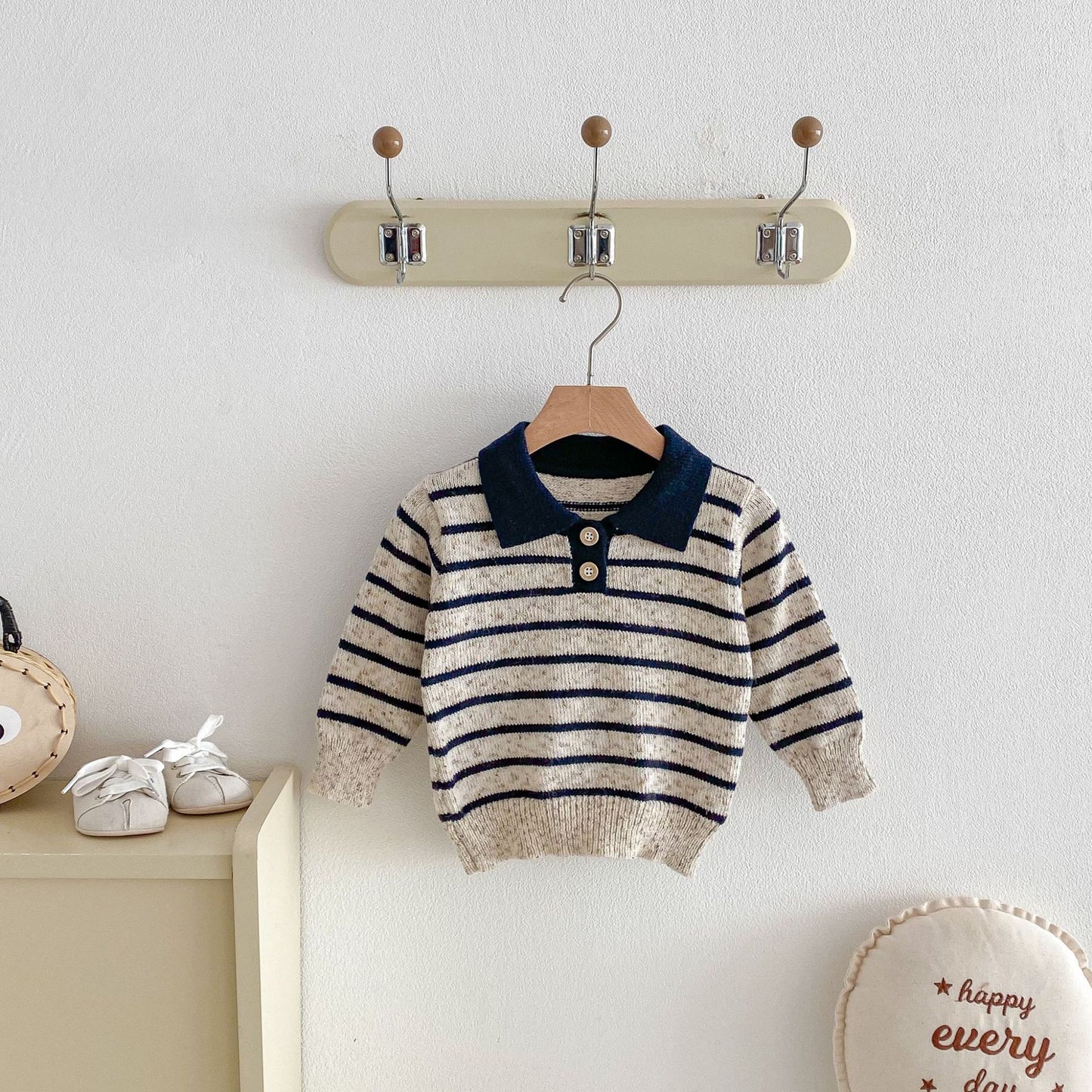 長袖シャツ・ブラウス Polo Collar Striped Knitted Sweater ポロカラー ストライプ セーター【mh0011967】