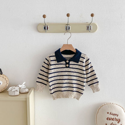 長袖シャツ・ブラウス Polo Collar Striped Knitted Sweater ポロカラー ストライプ セーター【mh0011967】