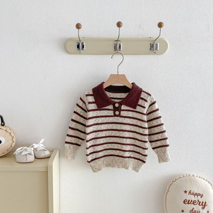 長袖シャツ・ブラウス Polo Collar Striped Knitted Sweater ポロカラー ストライプ セーター【mh0011967】