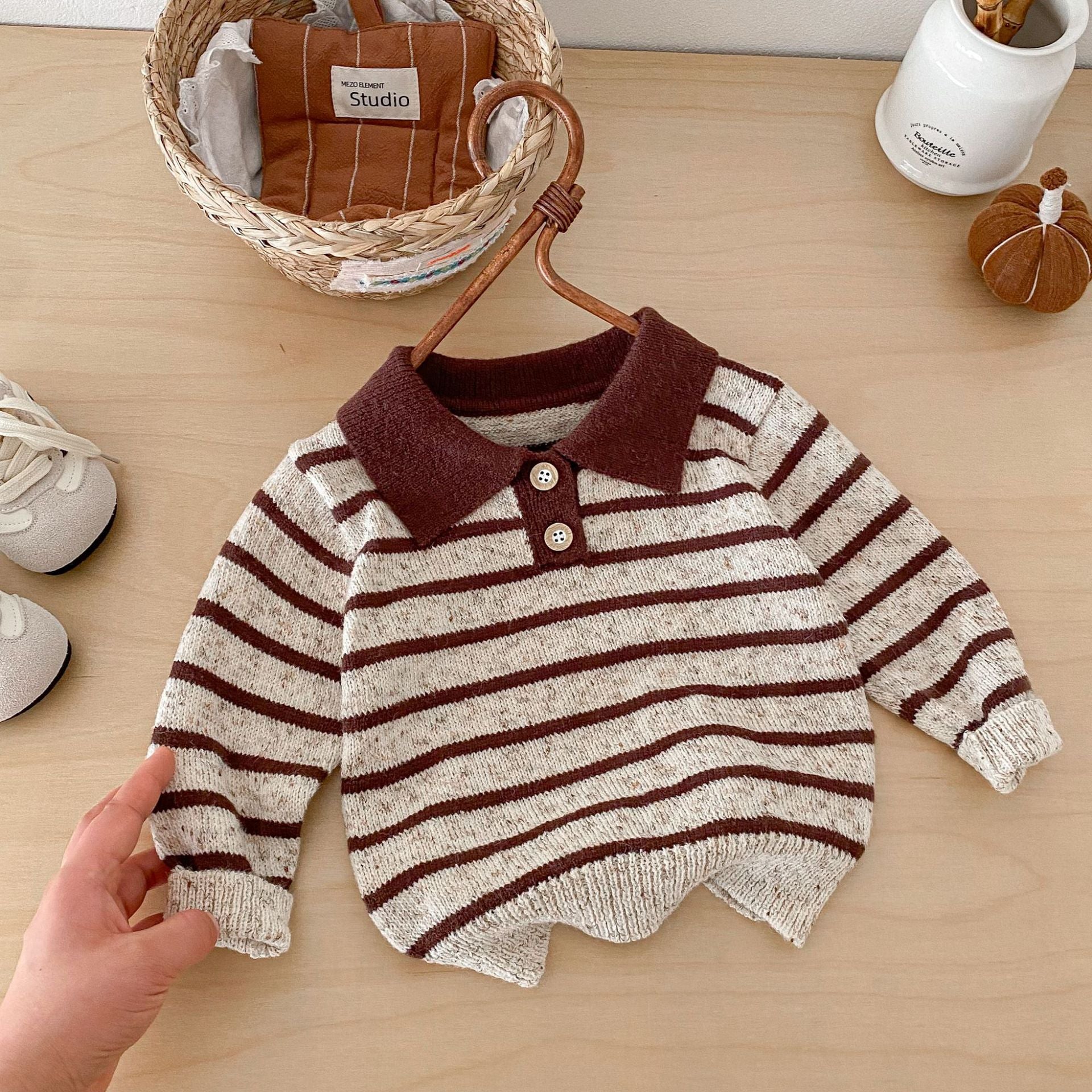 長袖シャツ・ブラウス Polo Collar Striped Knitted Sweater ポロカラー ストライプ セーター【mh0011967】