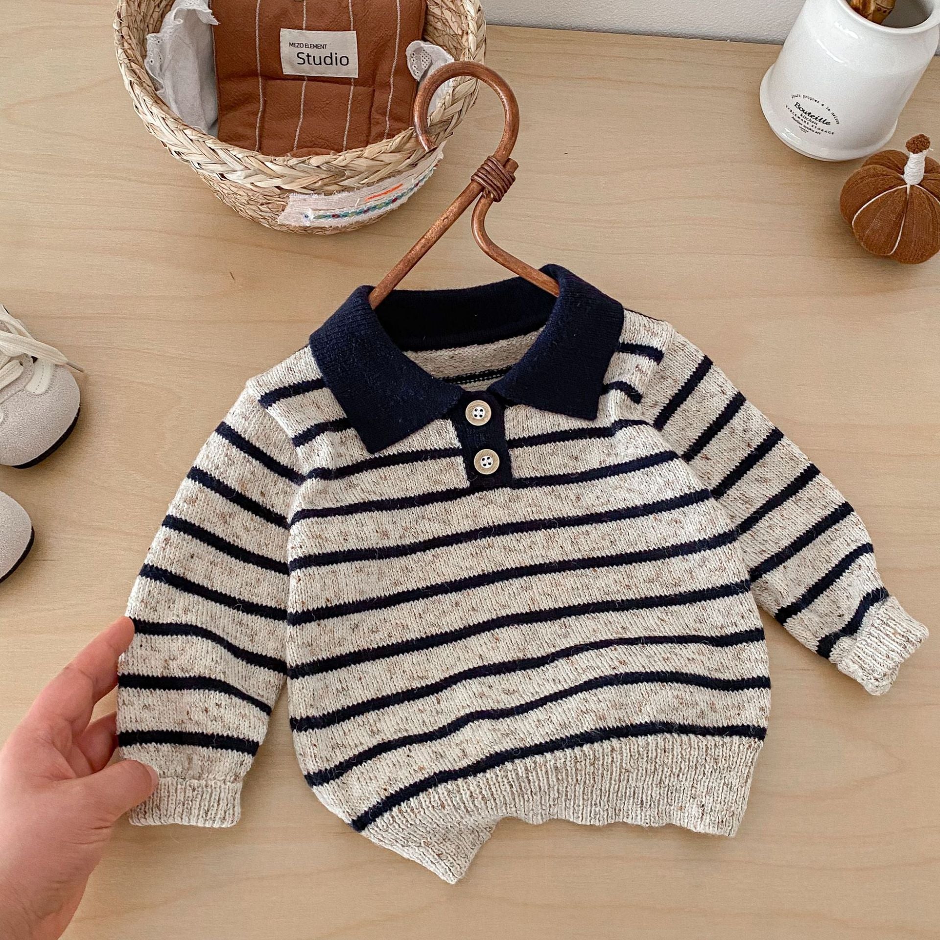 長袖シャツ・ブラウス Polo Collar Striped Knitted Sweater ポロカラー ストライプ セーター【mh0011967】