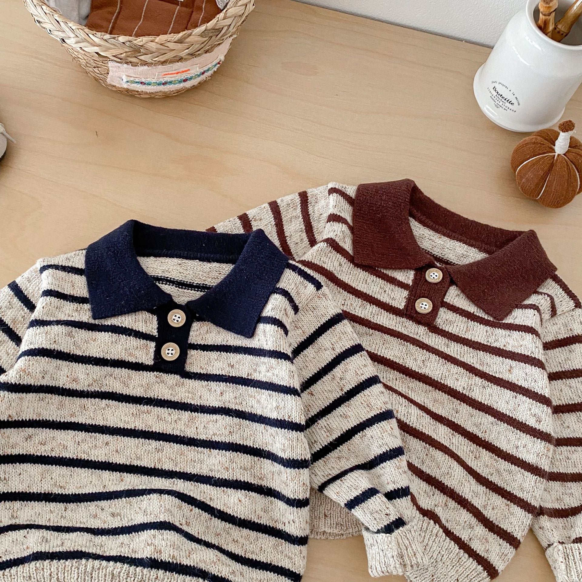 長袖シャツ・ブラウス Polo Collar Striped Knitted Sweater ポロカラー ストライプ セーター【mh0011967】