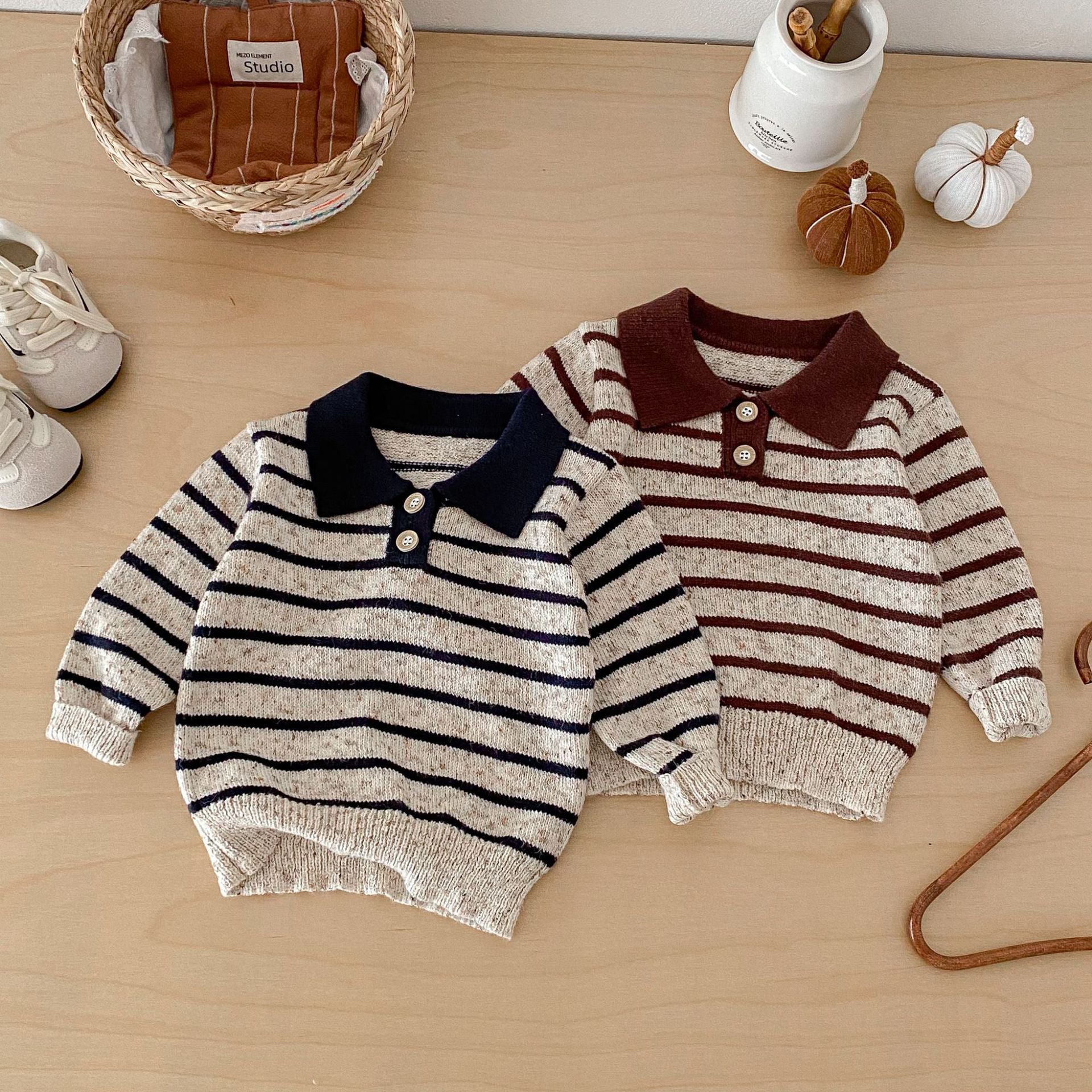 長袖シャツ・ブラウス Polo Collar Striped Knitted Sweater ポロカラー ストライプ セーター【mh0011967】