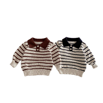 長袖シャツ・ブラウス Polo Collar Striped Knitted Sweater ポロカラー ストライプ セーター【mh0011967】