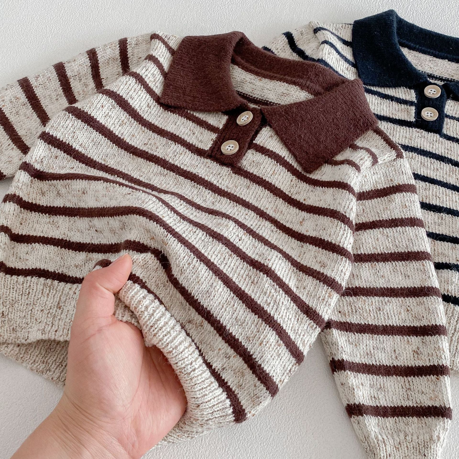 長袖シャツ・ブラウス Polo Collar Striped Knitted Sweater ポロカラー ストライプ セーター【mh0011967】