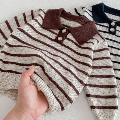 長袖シャツ・ブラウス Polo Collar Striped Knitted Sweater ポロカラー ストライプ セーター【mh0011967】