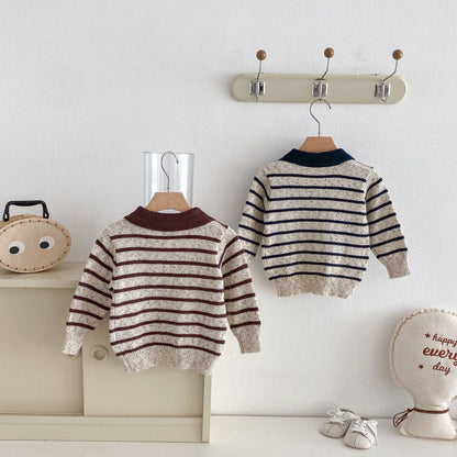 長袖シャツ・ブラウス Polo Collar Striped Knitted Sweater ポロカラー ストライプ セーター【mh0011967】