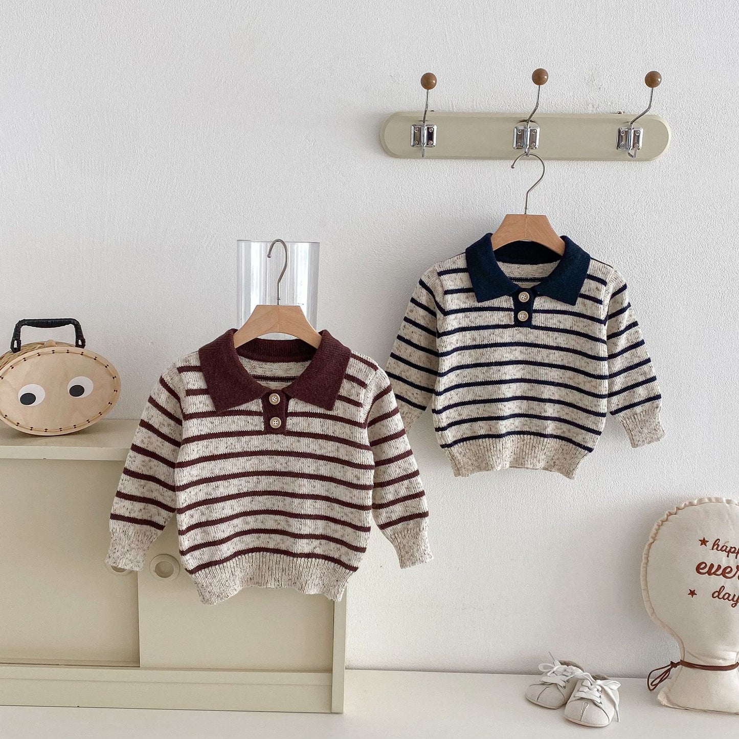 長袖シャツ・ブラウス Polo Collar Striped Knitted Sweater ポロカラー ストライプ セーター【mh0011967】