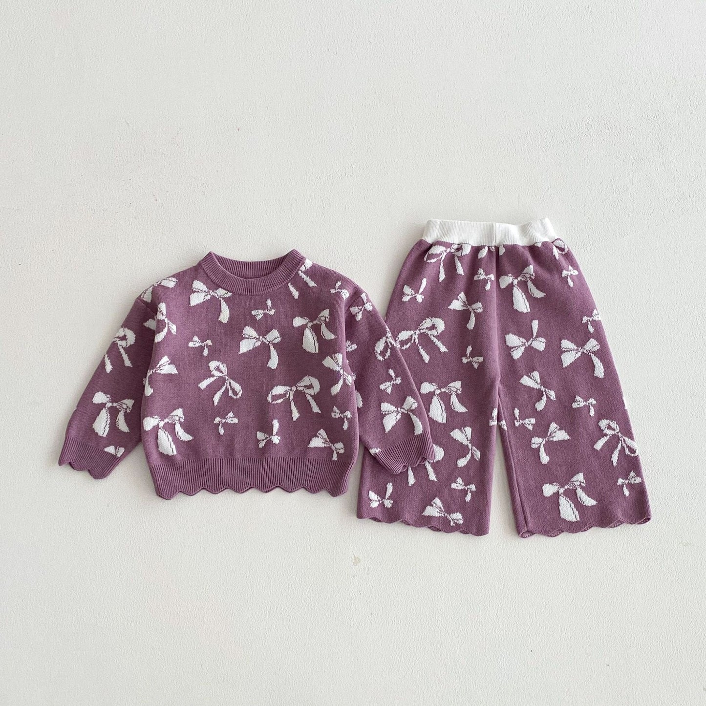 長袖セットアップ Purple / 73cm Jacquard Bow Knitted Set ジャガード リボン ニット セットアップ【mh0012098】