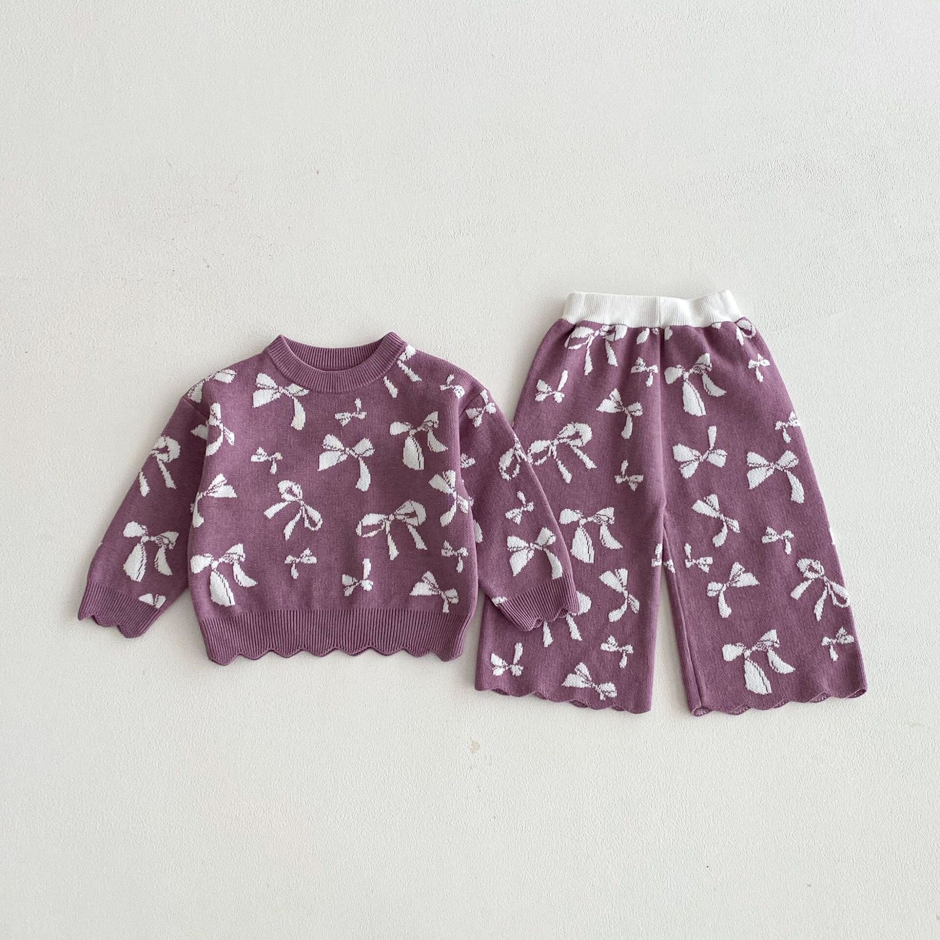 長袖セットアップ Purple / 73cm Jacquard Bow Knitted Set ジャガード リボン ニット セットアップ【mh0012098】