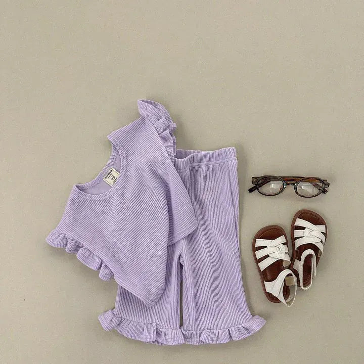 半袖セットアップ Purple / 80cm 9-12M キッズセットアップ 2点セット フリルスリーブTシャツ+裾フリルルーズロングパンツ 4カラー【mh0005388】
